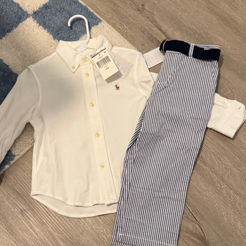 White Polo Button-Up Shirt and Striped Pants Set